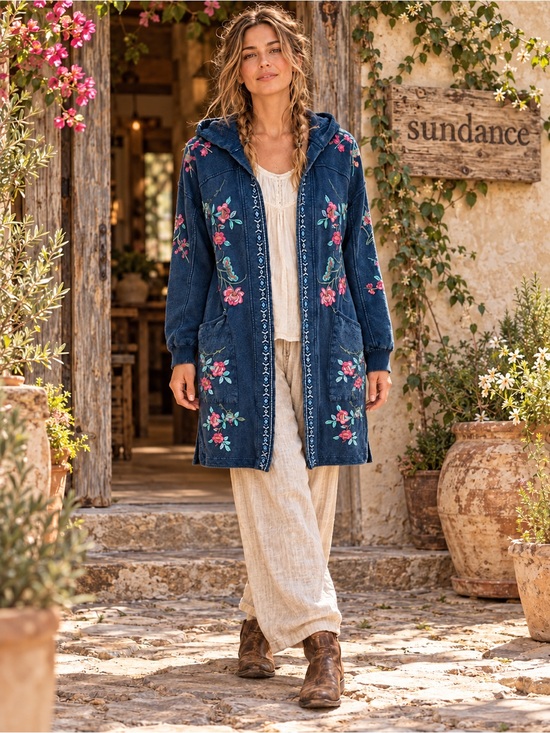 Sweaters - Sundance Floral Embroidered Cotton Hooded Long Cardigan Indigo XS S M